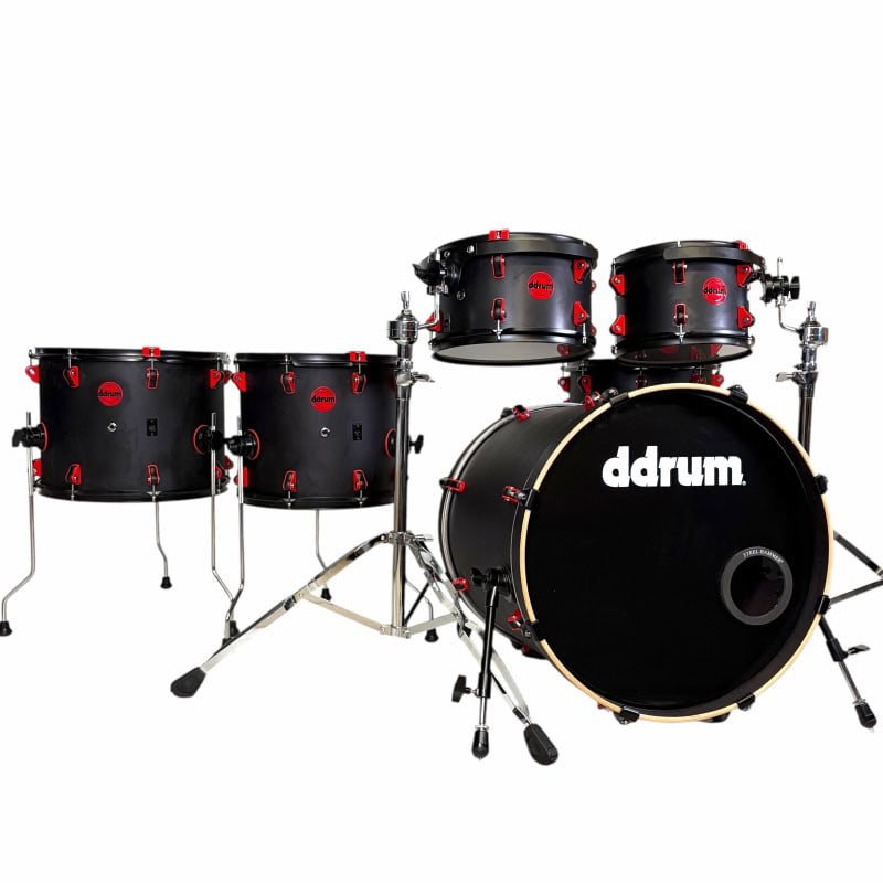 Professional black drum kit with red hardware for drumming enthusiasts.