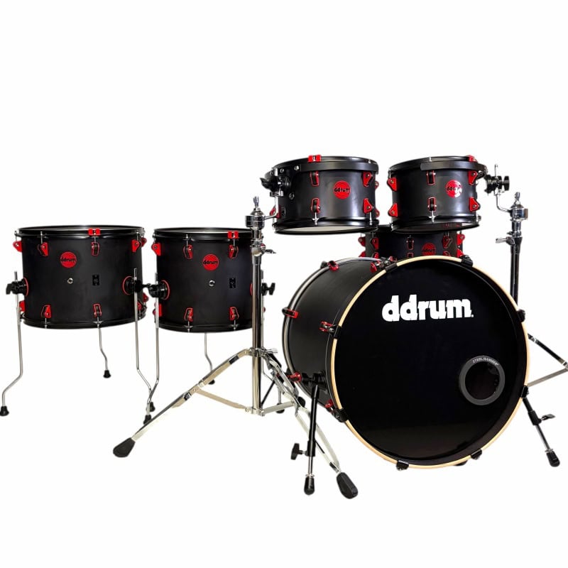 Black drum kit with red hardware and cymbals, perfect for professional drummers and studio recording.
