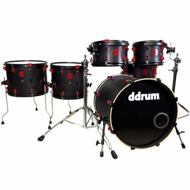 High-quality black drum kit with red hardware, perfect for professional drummers and studio use.