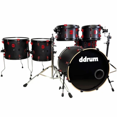 High-quality black drum kit with red hardware, perfect for professional drummers and studio use.