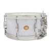Snare drum with white finish, chrome hardware, and drumsticks, ideal for professional drummers and p.