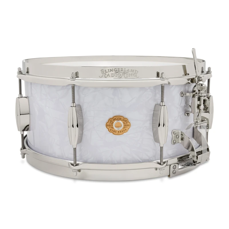 Snare drum with white finish, chrome hardware, and drumsticks, ideal for professional drummers and p.