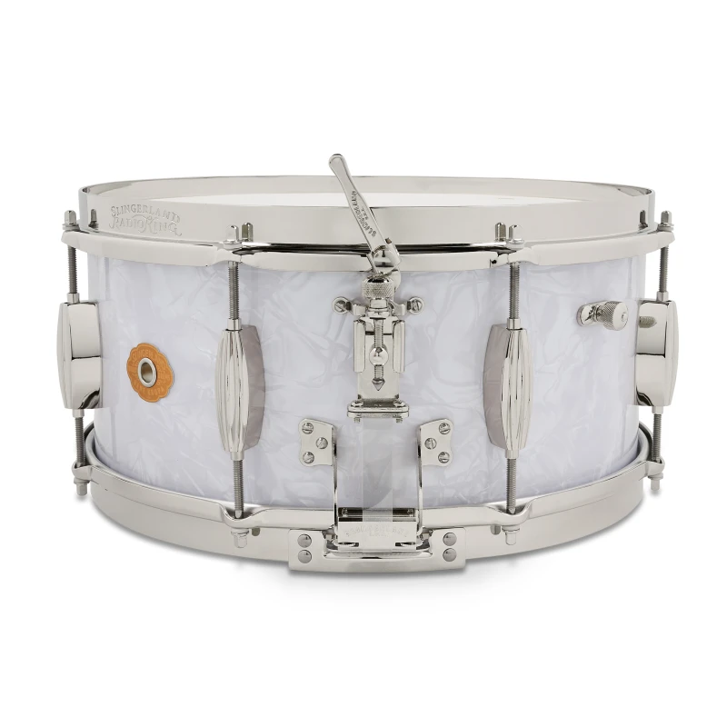 White snare drum for drummers, high-quality percussion instrument.