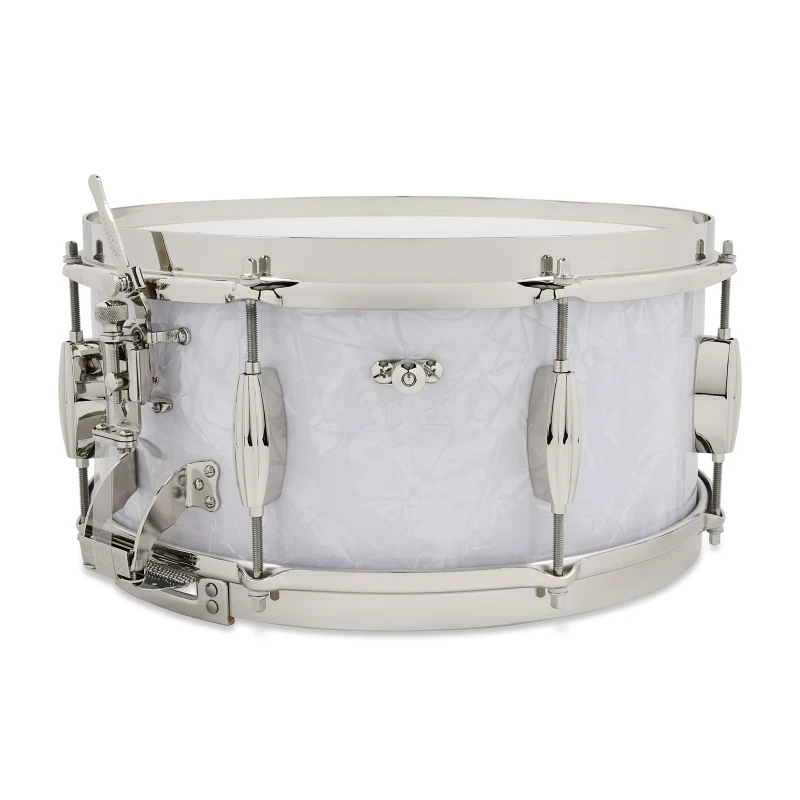 White snare drum for drummers, high-quality percussion instrument.