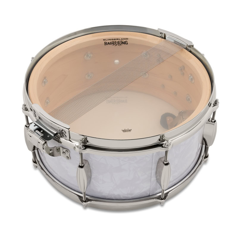 Snare drum with transparent head, metal hardware, and drumsticks, ideal for percussionists and drumm.