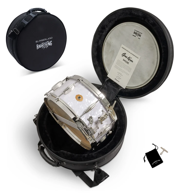Snare drum in protective case with drumsticks and accessories for drumming enthusiasts.