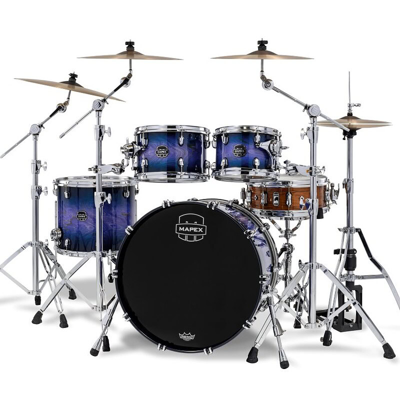 Professional blue drum kit with cymbals and hardware for drummers.