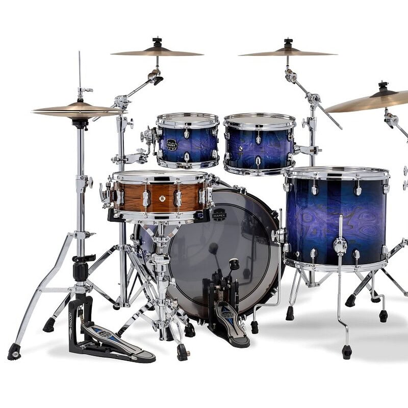 Professional blue drum kit with cymbals and hardware for drummers.