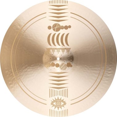 Drummers Only logo on a gold cymbal, showcasing branding and musical equipment.