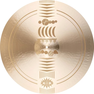 Drummers Only logo on a gold cymbal, showcasing branding and musical equipment.
