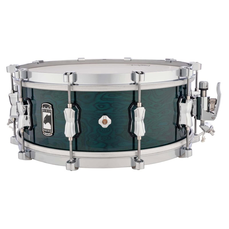 High-quality blue wood shell snare drum with chrome hardware.