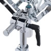 Close-up of DW 9000X Series snare drum stand with chrome finish and adjustable features.