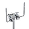 Double tom stand for drum kit with chrome finish and adjustable arms.