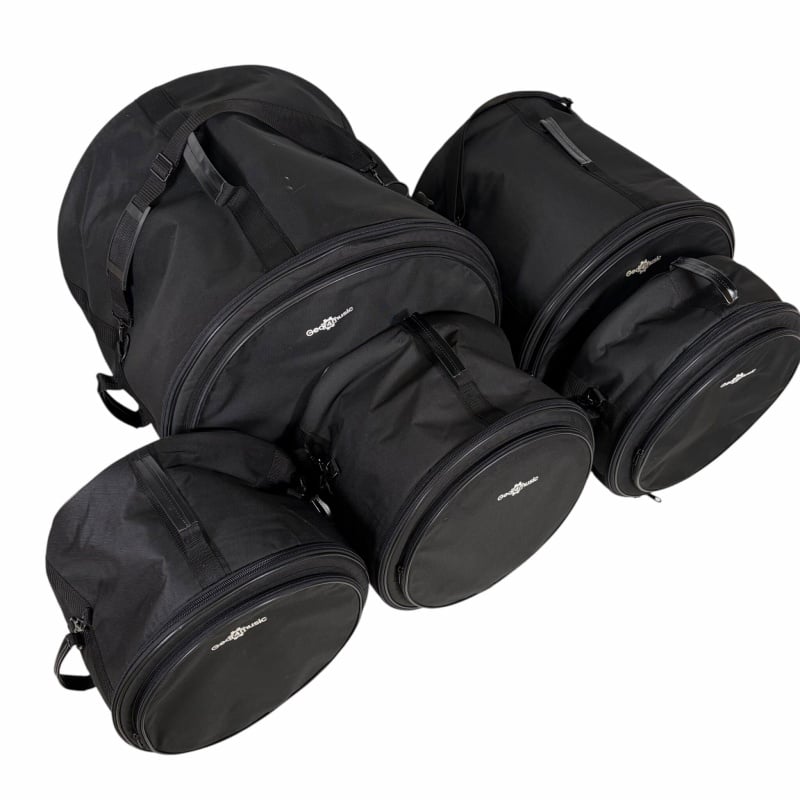 Professional black drum bag set for drum kits and accessories.