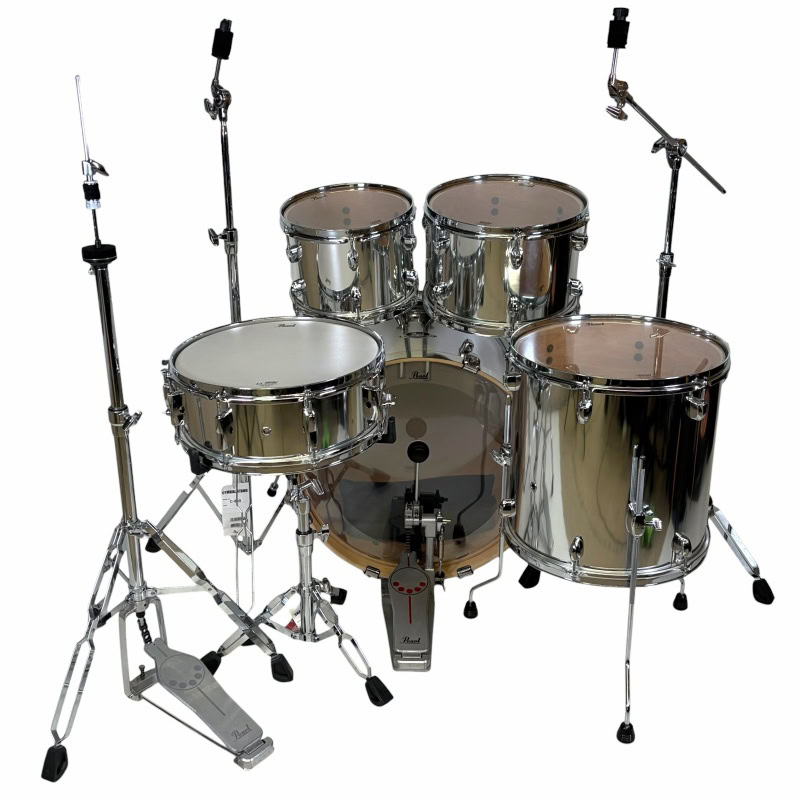 Professional silver drum kit with cymbals and stands for drummers.