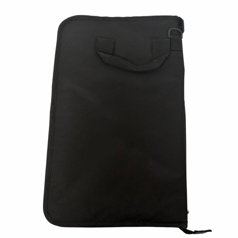 Black drumstick bag for drummers, portable and durable storage solution.