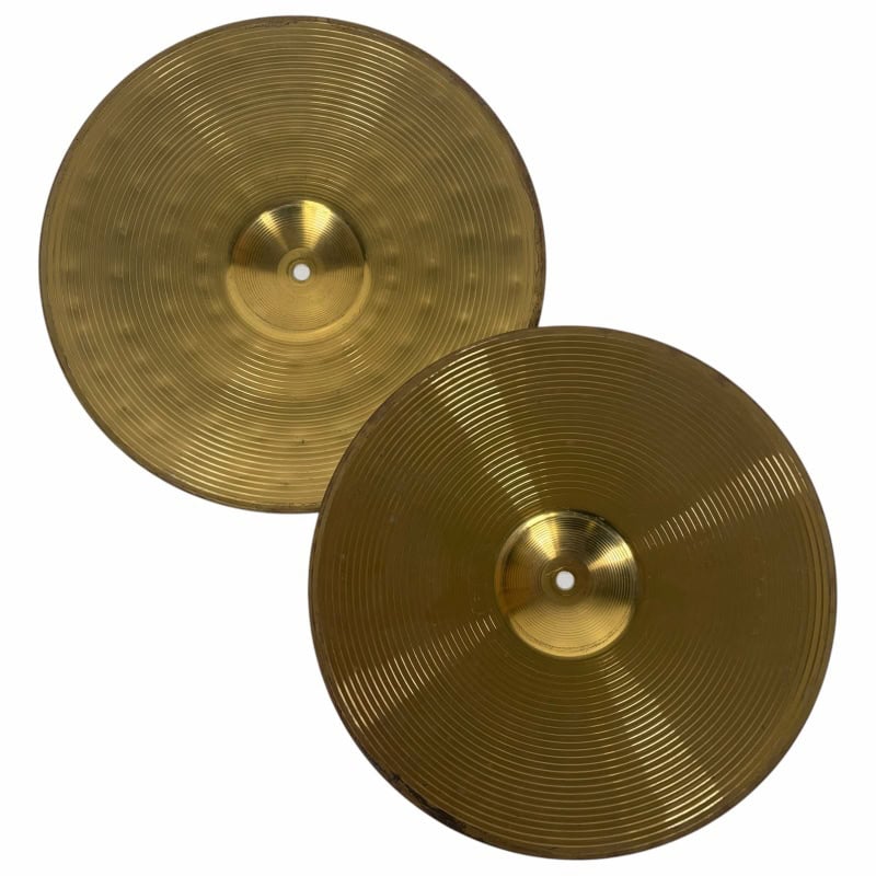 Pair of shiny brass cymbals for drum kit, professional percussion instruments.