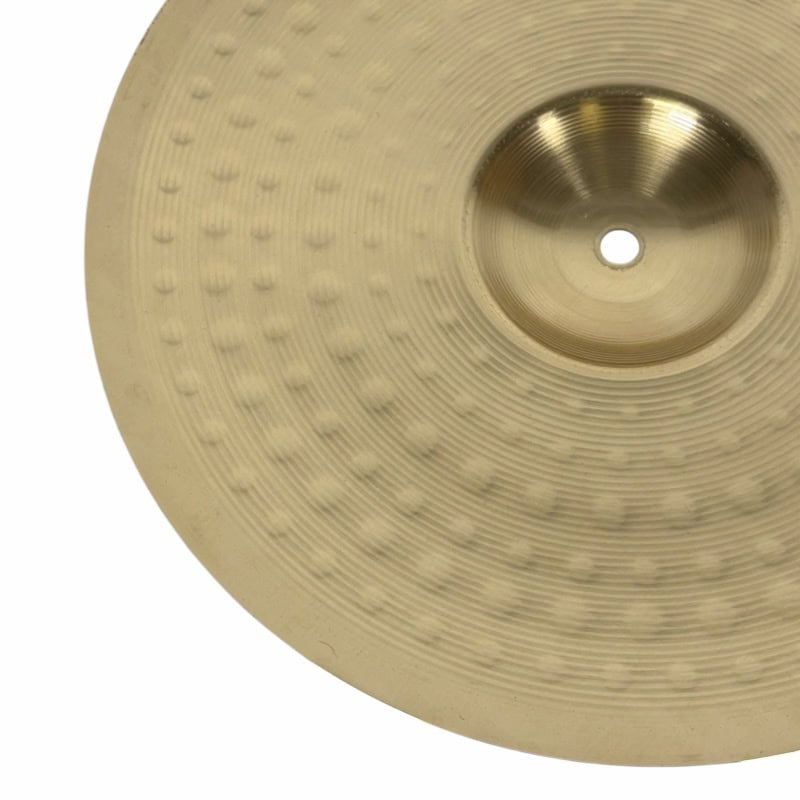 Cymbal close-up showing detailed surface texture and metallic finish, ideal for drumming and percuss.