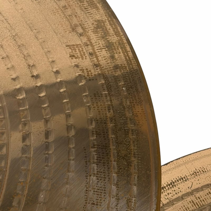 Close-up of Zildjian 14-inch Scimitar Hihats cymbals with detailed surface texture.