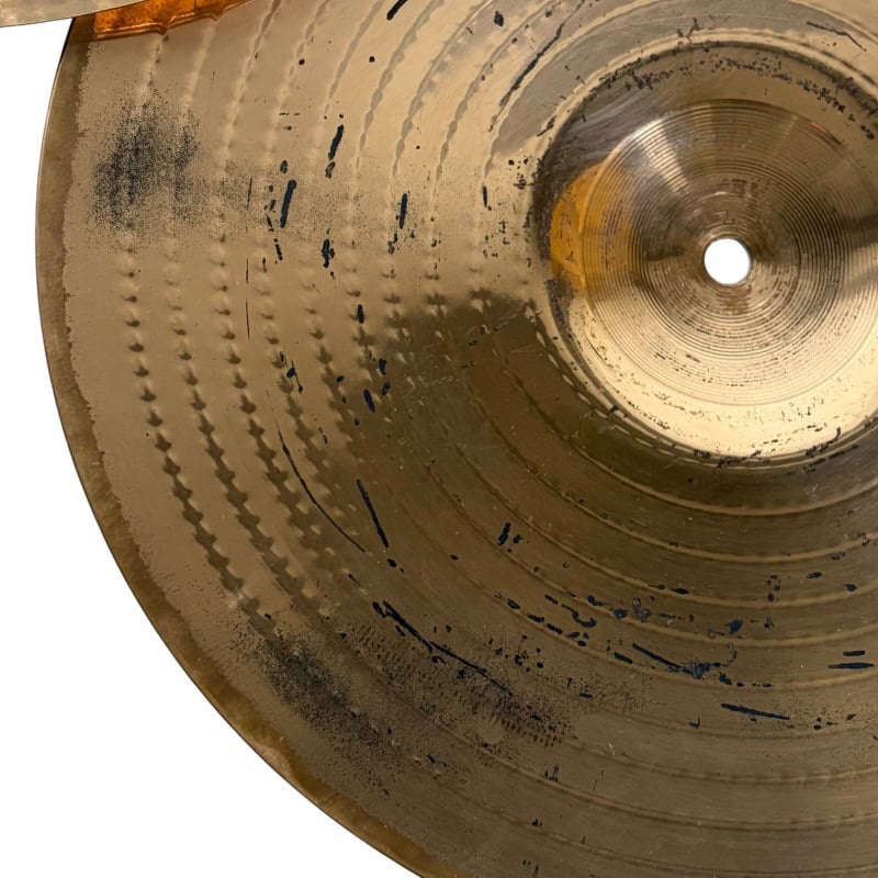 Close-up of Zildjian 14-inch Scimitar Hihats cymbals with detailed grooves.