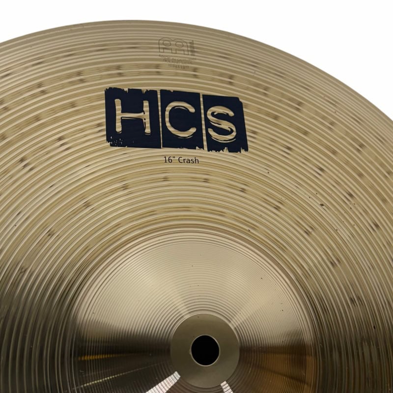 Close-up of Meinl HCS 16-inch crash cymbal for drummers.