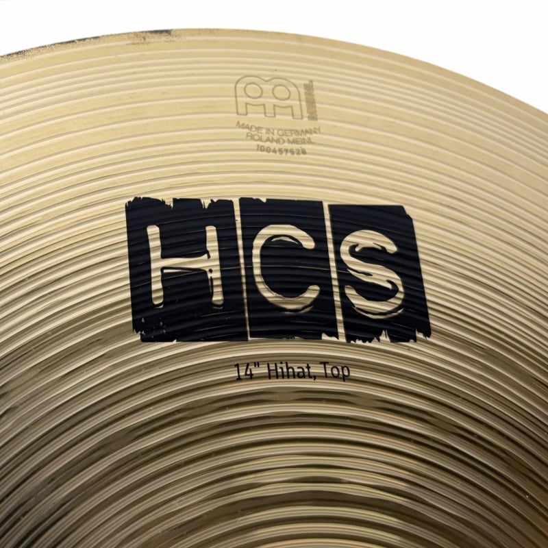 Close-up of Meinl HCS cymbal with logo and size 14" HiHat Top.