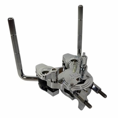 Double tom holder for drum kit with adjustable arms and mounting hardware.