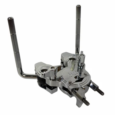 Double tom holder for drum kit with adjustable arms and mounting hardware.