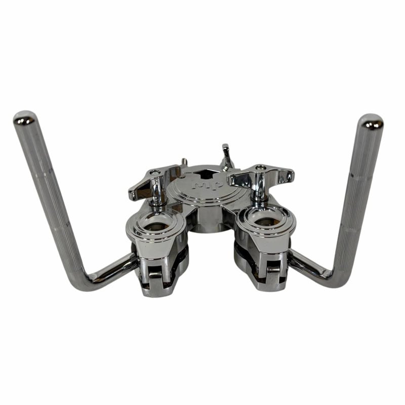 Double tom holder for drum kit with chrome finish and adjustable arms.