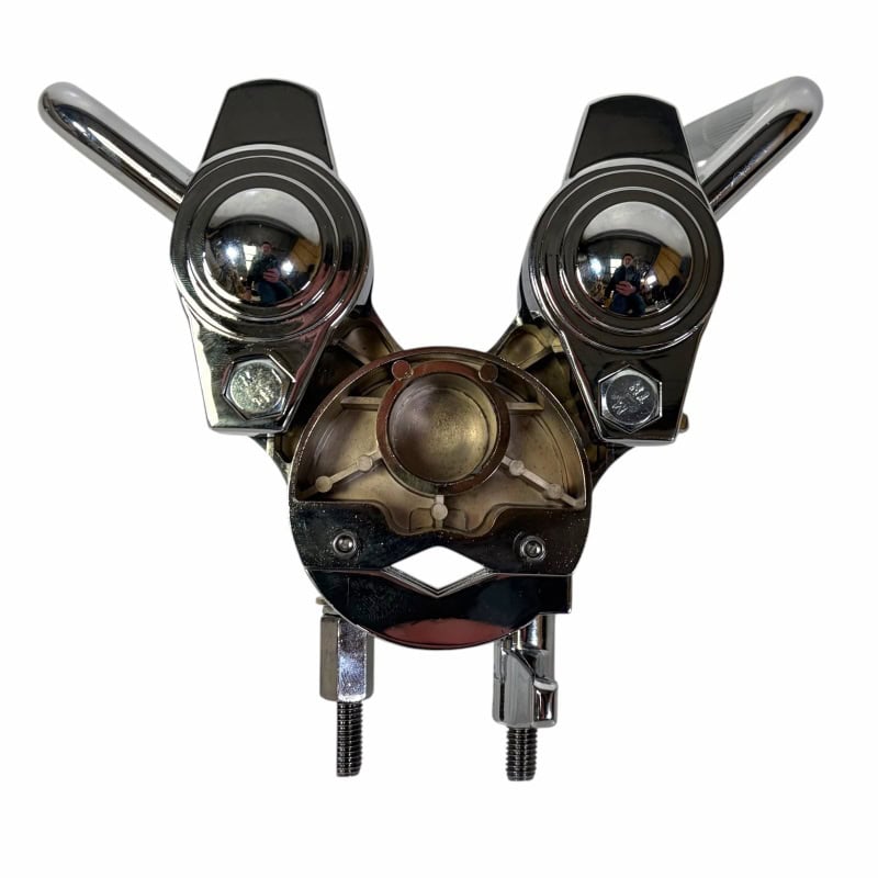 Double tom holder for drum kit with chrome finish and adjustable arms.