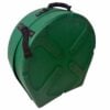 Green drum case for drummers with handle and strap for easy transport.