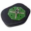 Drummers Only drum practice pad with adjustable metal stand and green base.