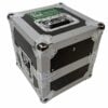Heavy-duty equipment case for drummers with metal reinforcements and handles.