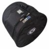 Black drum bag with multiple compartments and drumsticks holder for drummers.