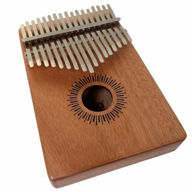 Wooden kalimba with metal tines for musical performance.