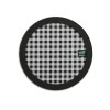 Drum muffler with black and white checkered pattern for sound control.