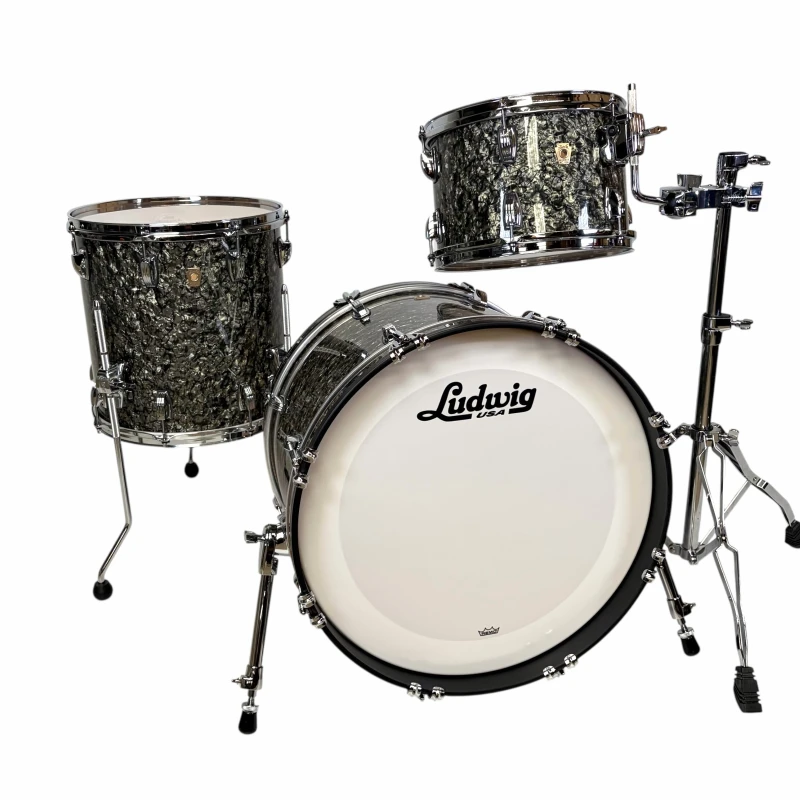 Ludwig drum kit with black sparkle finish, perfect for drummers and music enthusiasts. High-quality.
