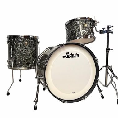 Ludwig drum kit with black sparkle finish, perfect for drummers and music enthusiasts. High-quality.