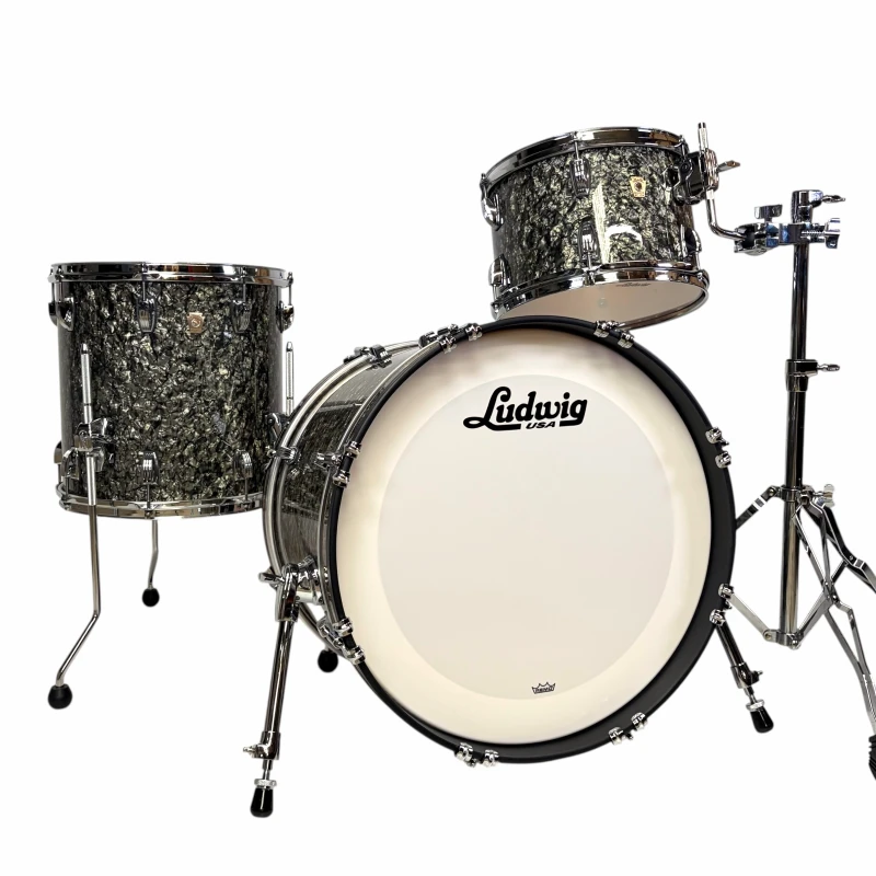 Ludwig drum kit with black sparkle finish, perfect for drummers and music enthusiasts. High-quality.