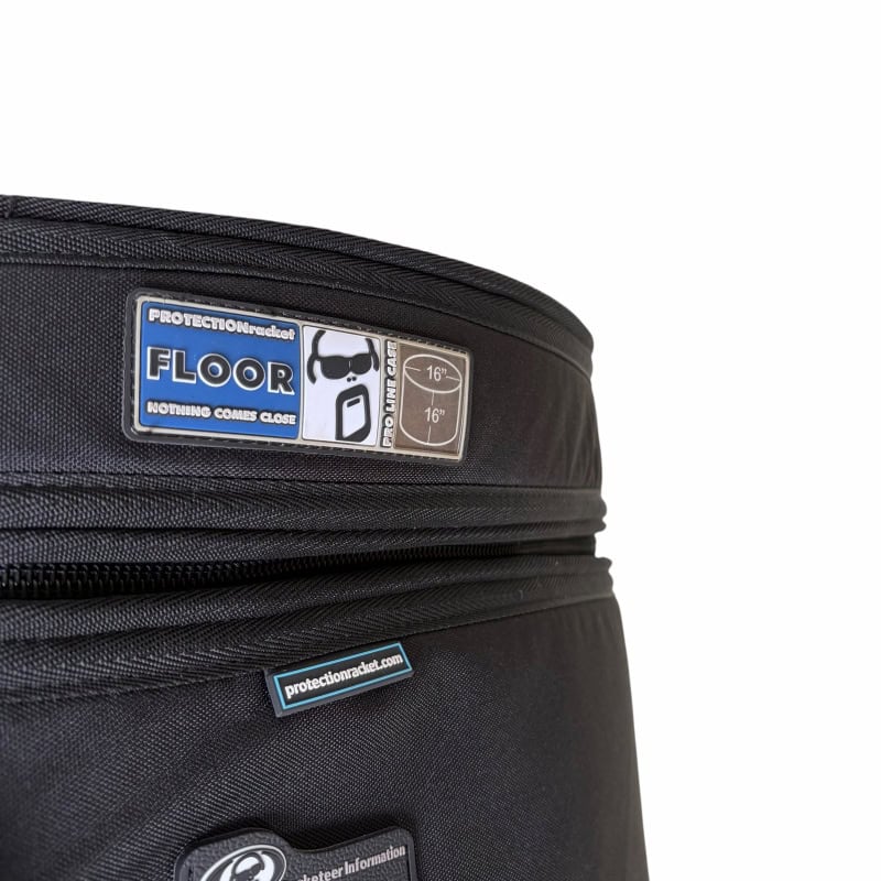 Durable black floor tom case with Protection Racket branding for drum protection.