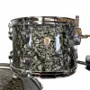 Pearl snare drum with a black and silver marbled finish, mounted on a drum kit.