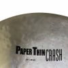 Close-up of Zildjian Paper Thin Crash cymbal with branding and size details.