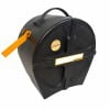 Durable black drum accessory case with handle and yellow strap for secure transport.