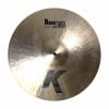 Dark Crash cymbal with K logo and textured surface for drumming.
