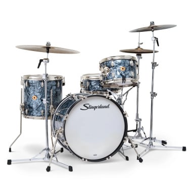 Professional blue marbled drum kit with cymbals for drumming enthusiasts.
