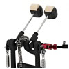 Double bass drum pedal with extended footboard and chain drive for drummers.