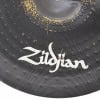 Close-up of Zildjian Pitch Black 22in Ride Cymbal with logo and textured surface.