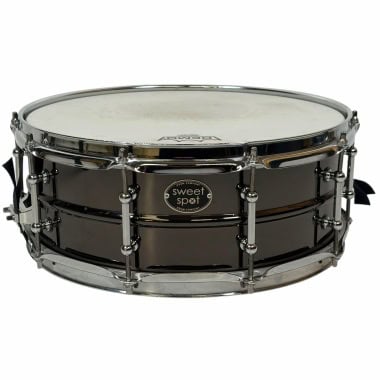 Black steel snare drum with chrome hardware and drumhead from Drummers Only.