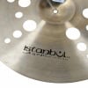 Close-up of Istanbul Xist Ion 18in crash cymbal with logo and holes.
