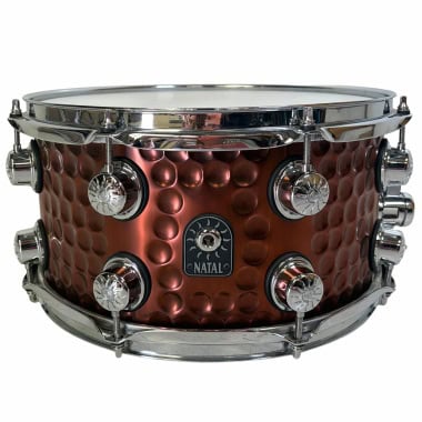 Hammered steel snare drum with chrome hardware and textured finish.